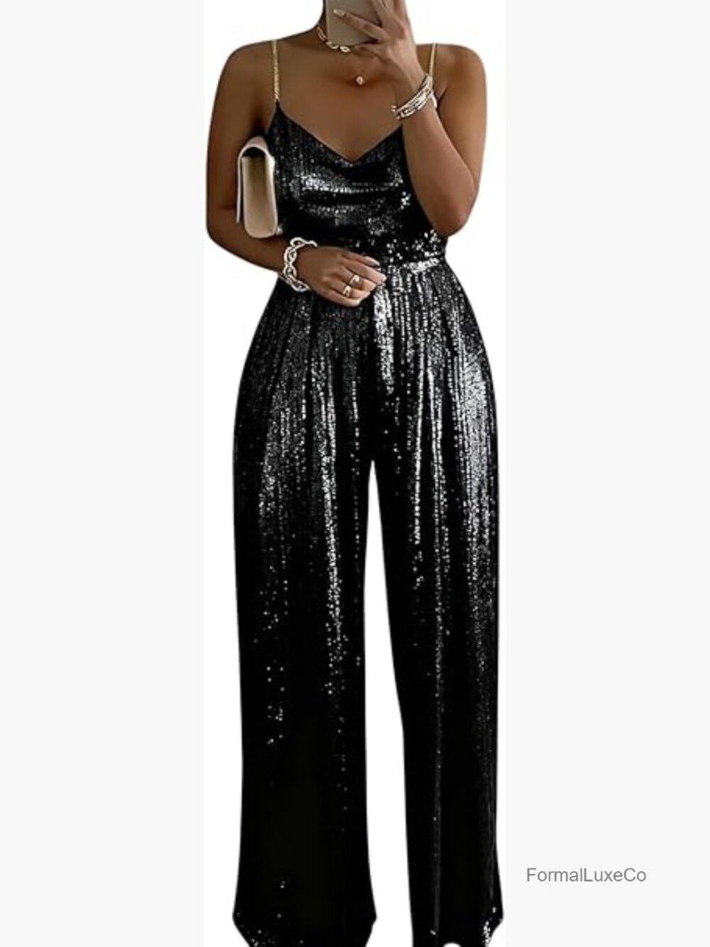 Wide Leg Jumpsuit Sleeveless Sparkling Party Outfit Spaghetti Strap